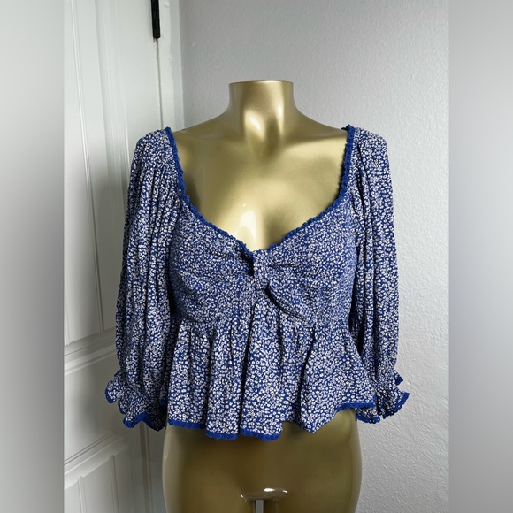 FREE PEOPLE Brittnee Printed Top / Blue Combo M - Picture 2 of 6